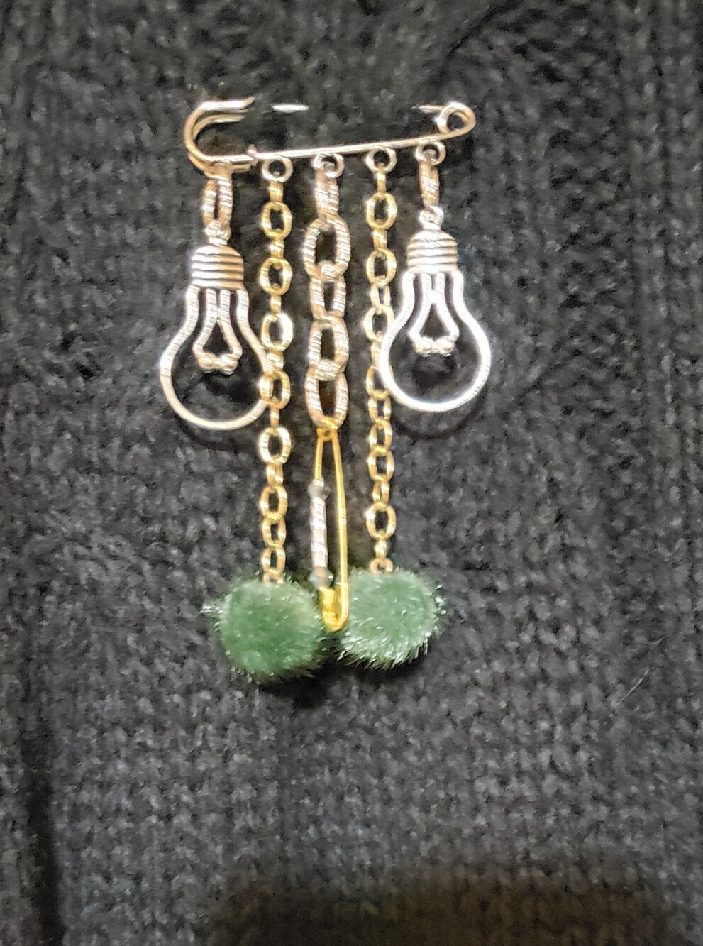 Light Bulb Silver & Gold Chain Sweater Pin with Green Fuzzy Pom Dangles